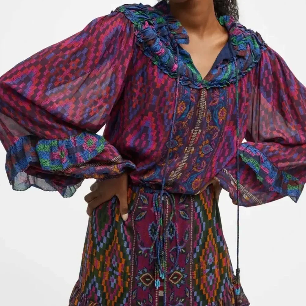 Farm Rio Beaded Tassel Tapestry Maxi Dress - Balloon Sleeves - Multicolor - XS